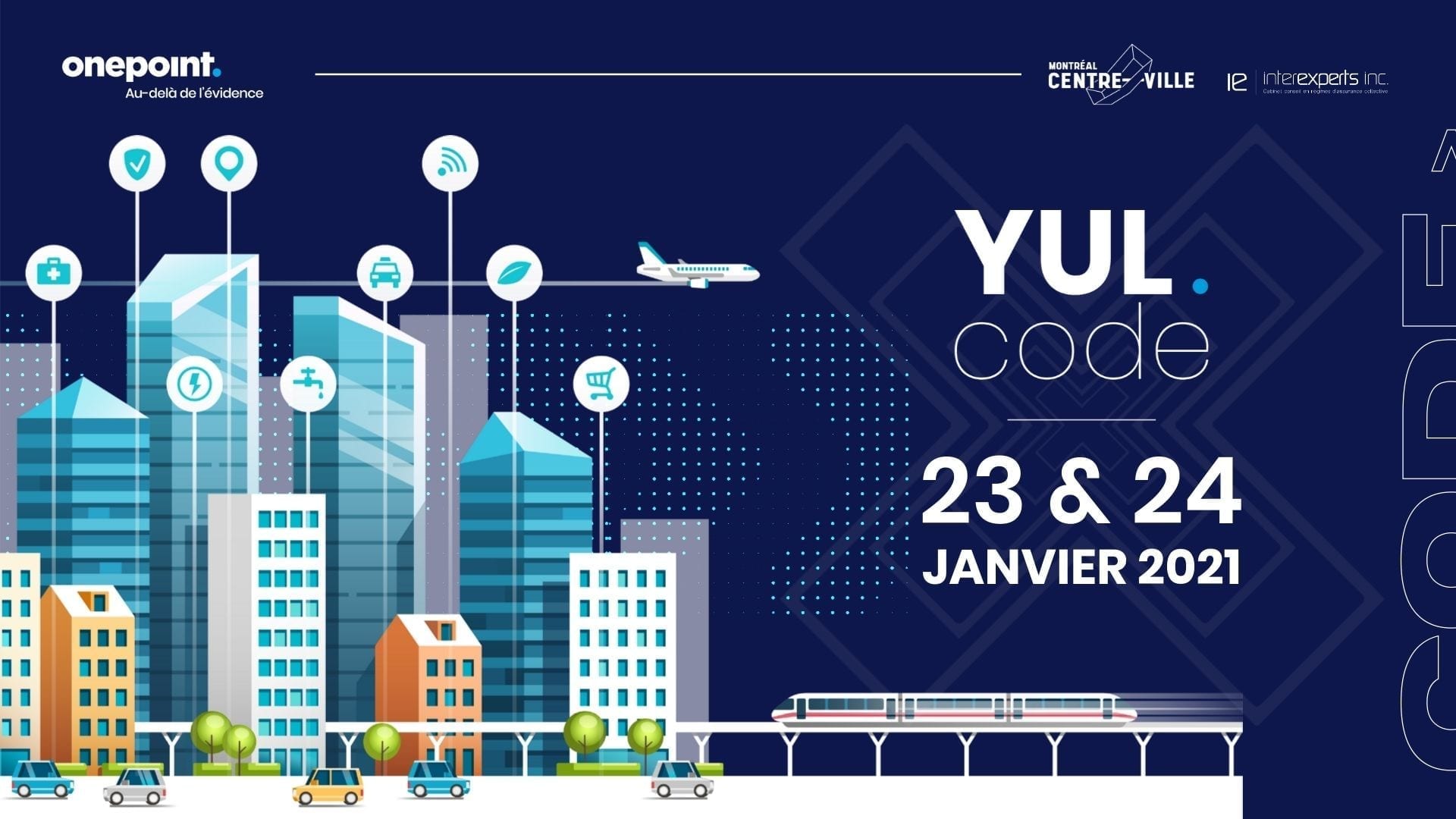 Visuel de la promotion du YUL.code qui est une compétition de style « hackathon » créé et organisée par onepoint. Elle vise à offrir une opportunité unique aux étudiants et finissants du Québec d’apprendre et de s’amuser.